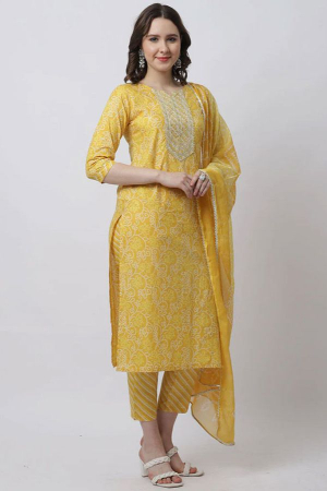 Yellow Cotton Readymade Pant Kameez Suit