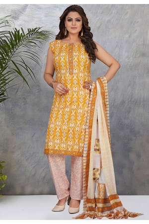 Yellow Cotton Readymade Printed Suit