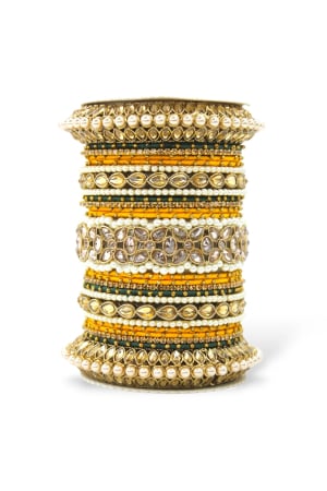 Yellow Designer Bangle Set with Moti and Stones