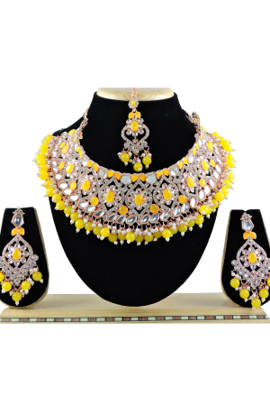 Yellow Designer Necklace Set with Maang Tikka