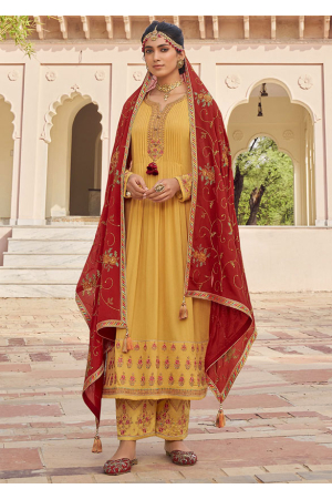 Yellow Embroidered Chinnon Trouser Kameez