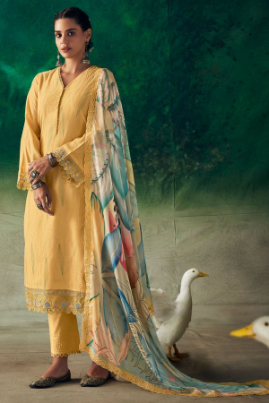 Yellow Embroidered Pure Muslin Plus Size Suit