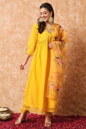 Yellow Embroidered Viscose Readymade Pant Kameez