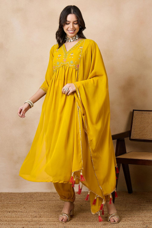 Yellow Faux Georgette Embroidered Kurta Set with Dupatta