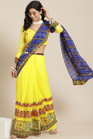 Yellow Georgette Bandhani Pallu Embroidery Work Party Wear Saree
