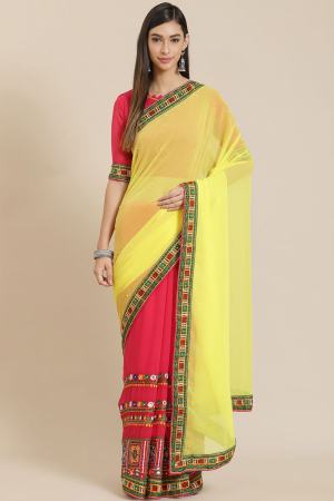Yellow Georgette Half and Half Embroidery Work Party Wear Saree