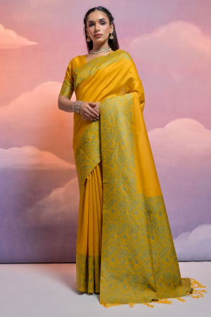 Yellow Handloom Raw Silk Woven Saree