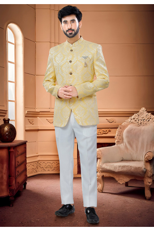 Yellow Jacquard Jodhpuri Suit