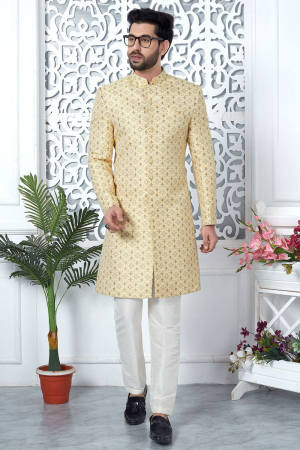 Yellow Jacquard Silk Indo Western Outfit