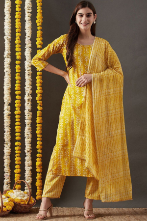 Yellow Jaipuri Floral Print Kurta Pant Set with Dupatta