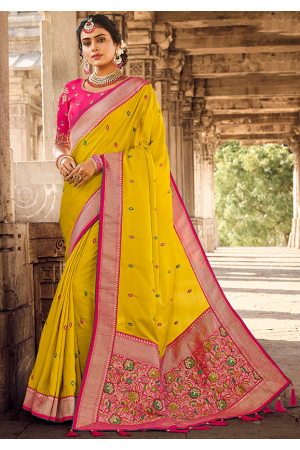 Yellow Khatli Work Silk Designer Saree