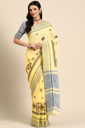 Yellow Linen Cotton Thread Embroidered Party Wear Saree
