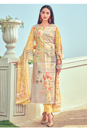 Yellow Printed Cotton Plus Size Suit