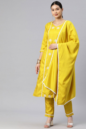 Yellow Sequin Embroidery Straight Side Slit Kurta Set with Dupatta