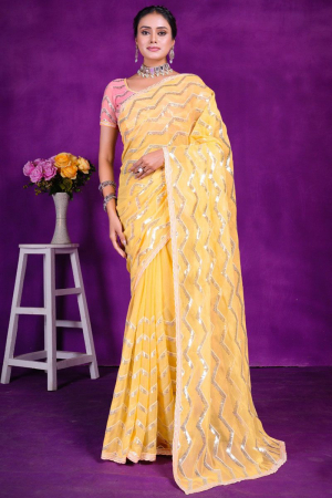 Yellow Sequins Embroidered Shimmer Saree