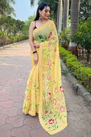 Yellow Shimmer Hand Printed Party Wear Saree