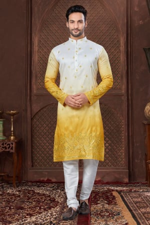 Yellow Silk Embroidered Kurta Set