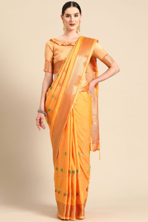 Yellow Soft Cotton Silk Thread Floral Embroidery Work Party Wear Saree