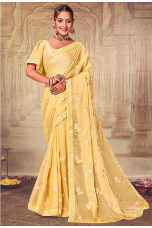 Yellow Soft Silk Chiffon Embroidered Saree