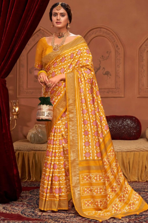 Yellow Velvet Tussar Silk Printed Saree