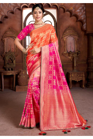 Hot Pink and Orange Zari Woven Silk Saree with Double Blouse