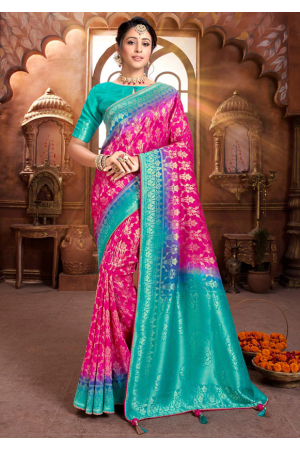 Hot Pink and Turquoise Zari Woven Silk Saree with Double Blouse