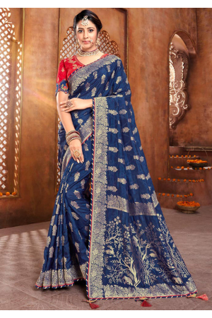 Navy Blue Zari Woven Silk Saree with Double Blouse