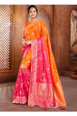 Orange and Hot Pink Zari Woven Silk Saree with Double Blouse