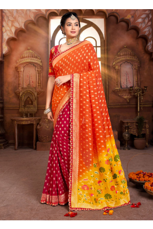 Orange and Red Zari Woven Silk Saree with Double Blouse