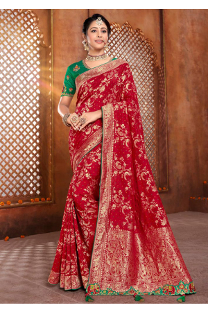 Red Zari Woven Silk Saree with Double Blouse