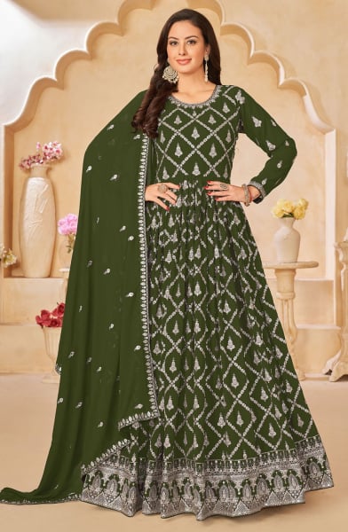 Mehendi Green Designer Embroidered Churidar Kameez Suit
