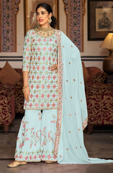 Ice Mint Embroidered Faux Georgette Sarara Kameez
