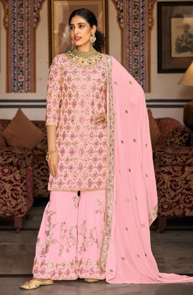 Blush Peach Embroidered Faux Georgette Sarara Kameez