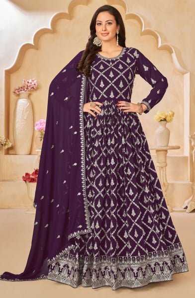 Purple Designer Embroidered Churidar Kameez Suit