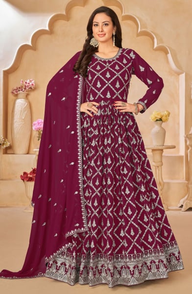 Wine Designer Embroidered Churidar Kameez Suit