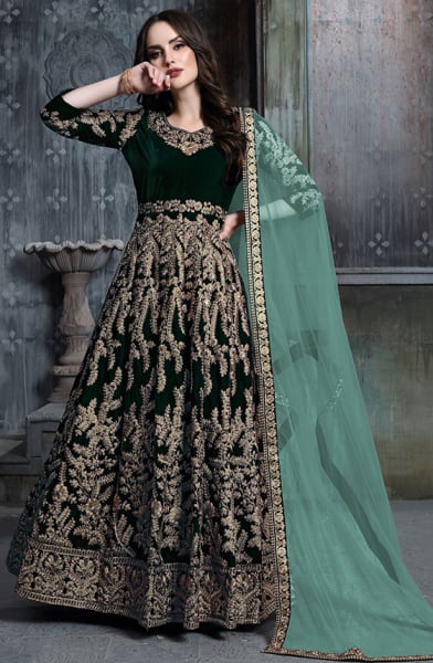 Pine Green Embroidered Velvet Anarkali Suit