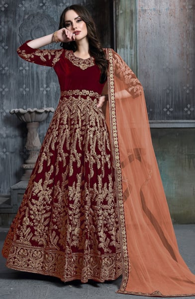 Rust Red Embroidered Velvet Anarkali Suit