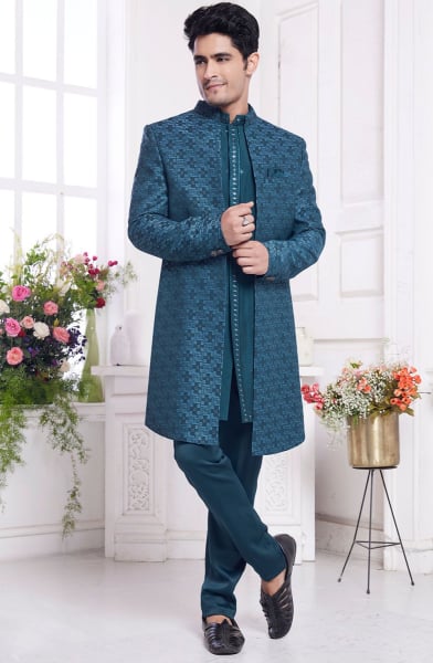 Teal Blue Jacquard Art Silk IndoWestern