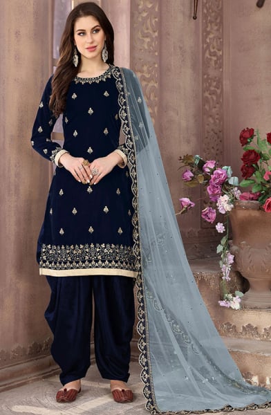 Navy Blue Embroidered Velvet Patiala Kameez