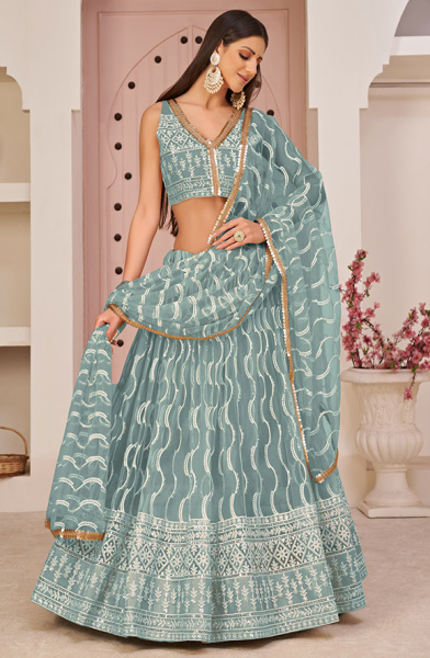 Teal Grey Embroidered Net Lehenga Choli