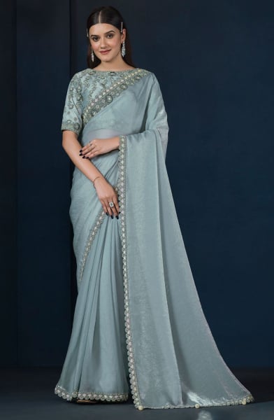 Aqua Blue Heavy Embroidered Designer Saree