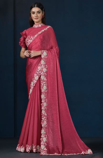 Rani Pink Heavy Embroidered Designer Saree