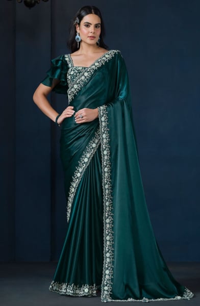 Teal Green Heavy Embroidered Designer Saree