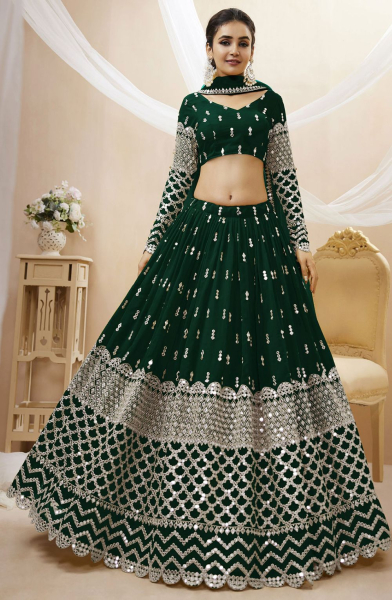 Bottle Green Embroidered Georgette Lehenga Choli