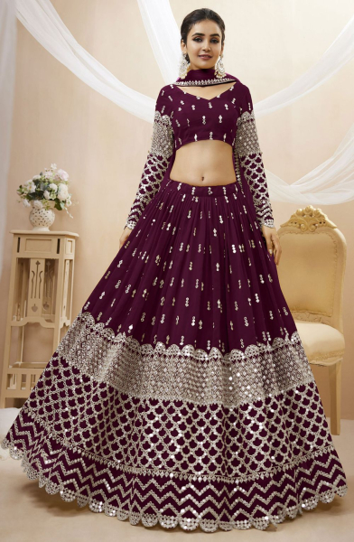 Wine Embroidered Georgette Lehenga Choli