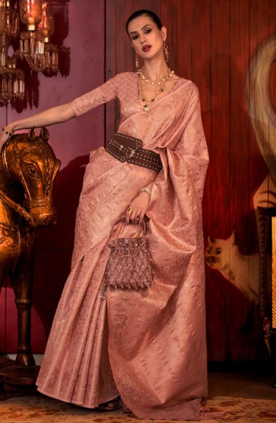Peach Handloom Weaving Silk Saree