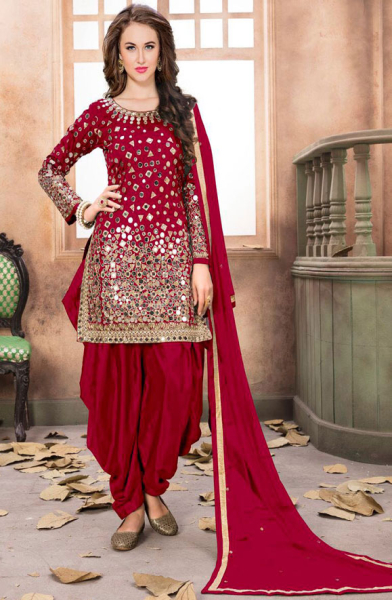 Cherry Red Mirror Work Patiala Suit