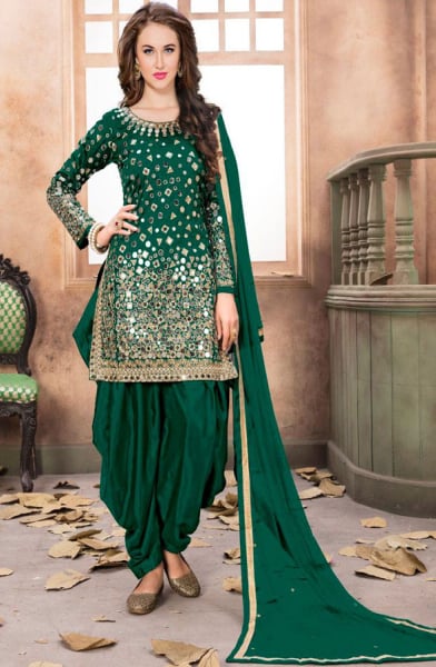 Emerald Green Mirror Work Patiala Suit