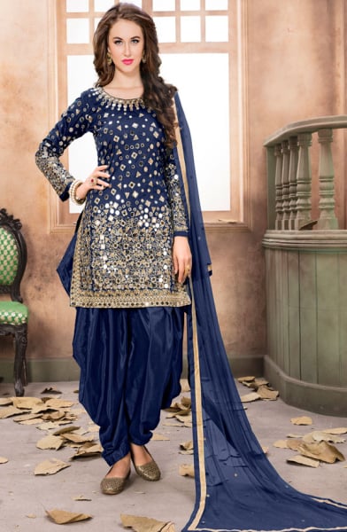 Navy Blue Mirror Work Patiala Suit