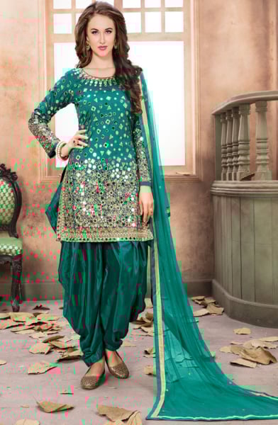 Rama Green Mirror Work Patiala Suit